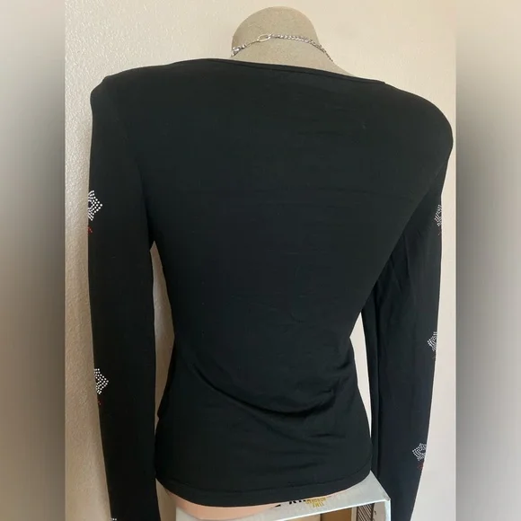 Black Long-sleeve Top with Red & Silver Rhinestones Cross & Wings Design - Picture 3 of 4